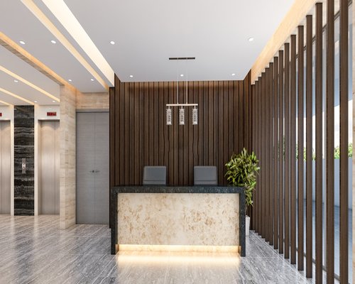 A modern reception area in an office building